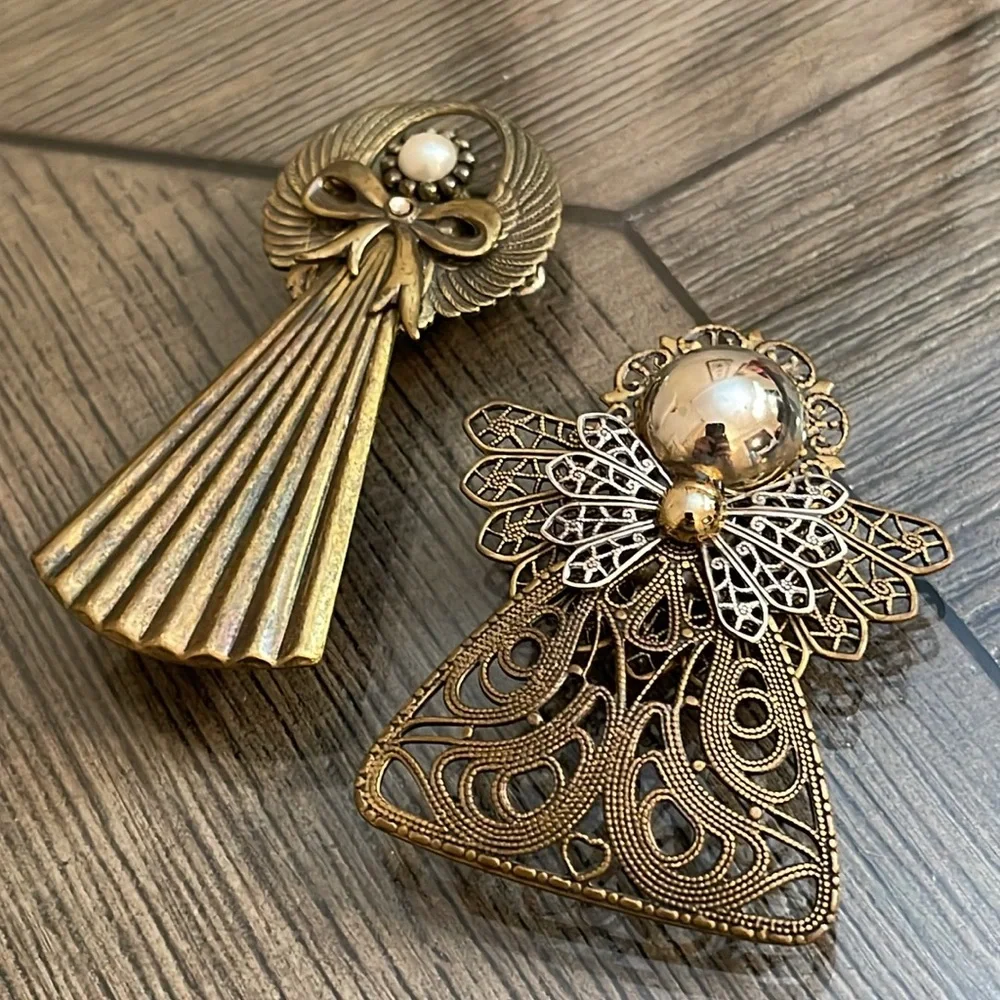 Vintage Brass Multi Metal Angel Brooch Set